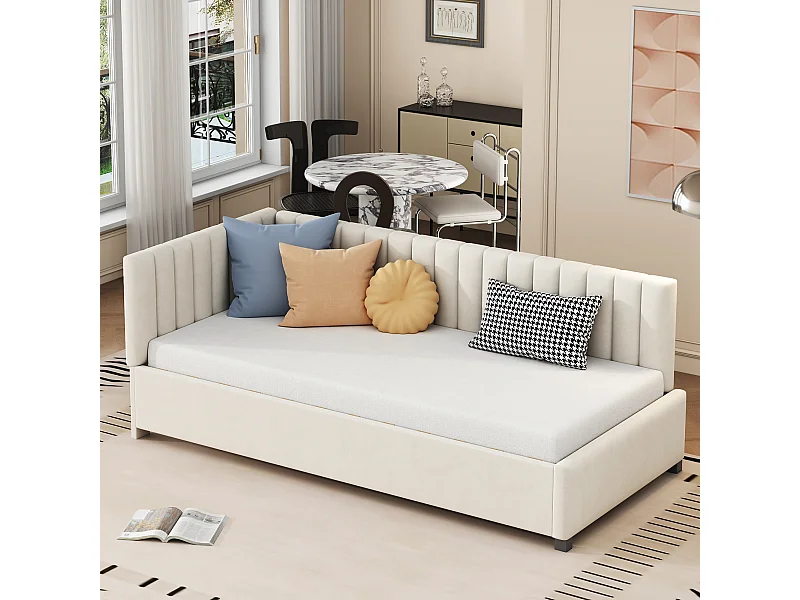 Letto multifunzionale 90x200 cm con rete a doghe, tessuto in velluto morbido, beige (197x97x65 cm)