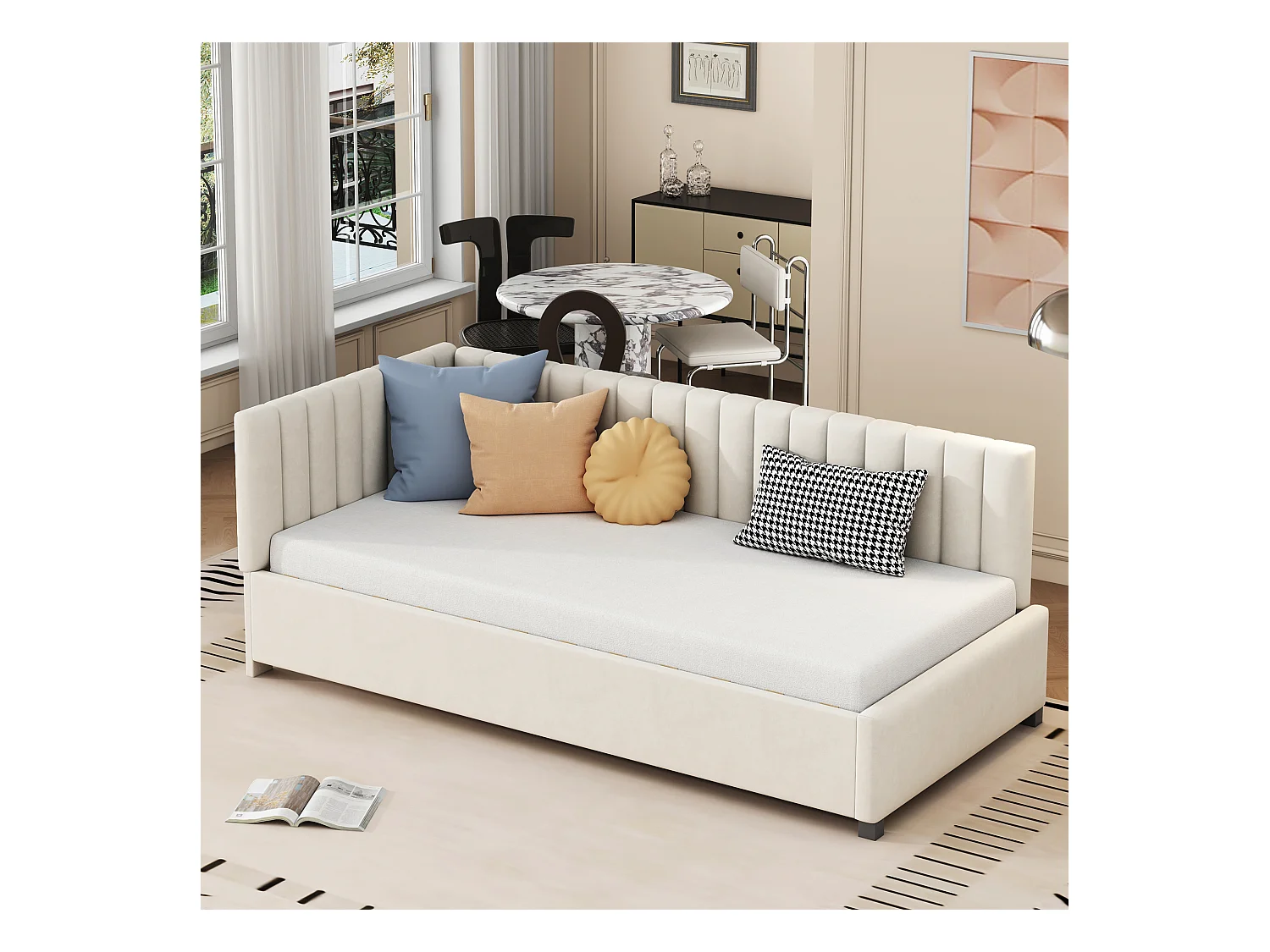 Lit multifonction 90x200 cm avec sommier à lattes, tissu en velours doux, beige (197x97x65 cm)