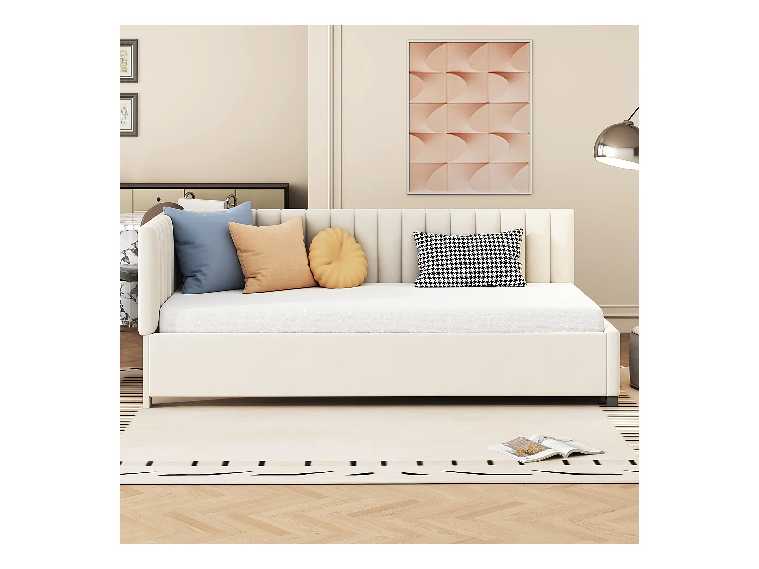 Lit multifonction 90x200 cm avec sommier à lattes, tissu en velours doux, beige (197x97x65 cm)