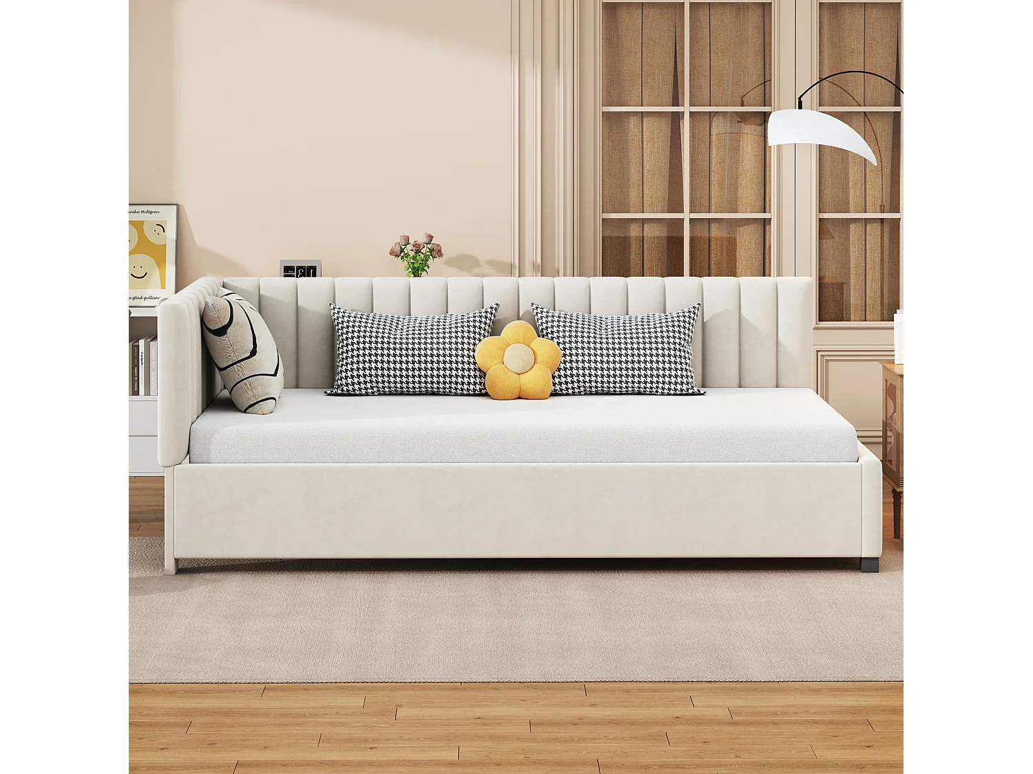 Multifunctioneel bed 90x200 cm met lattenbodem, zachte fluwelen stof, beige (197x97x65 cm)