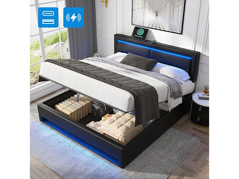 Bed 140x200 cm met LED-verlichting, USB, opbergruimte, PU, grijs (160x200 cm)