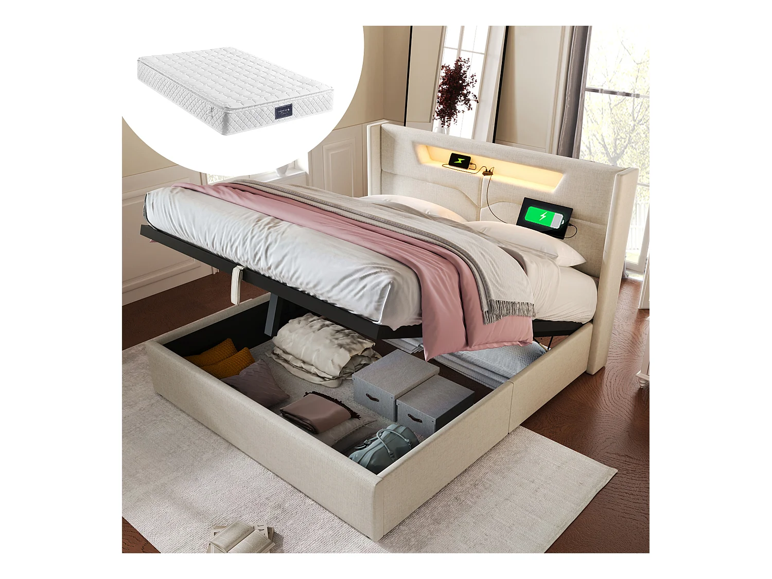Lit double LED avec fonction chargeur USB Type C et éclairage, cadre en lin gris, rangement 4 tiroirs, sommier bois (169x217x116cm)