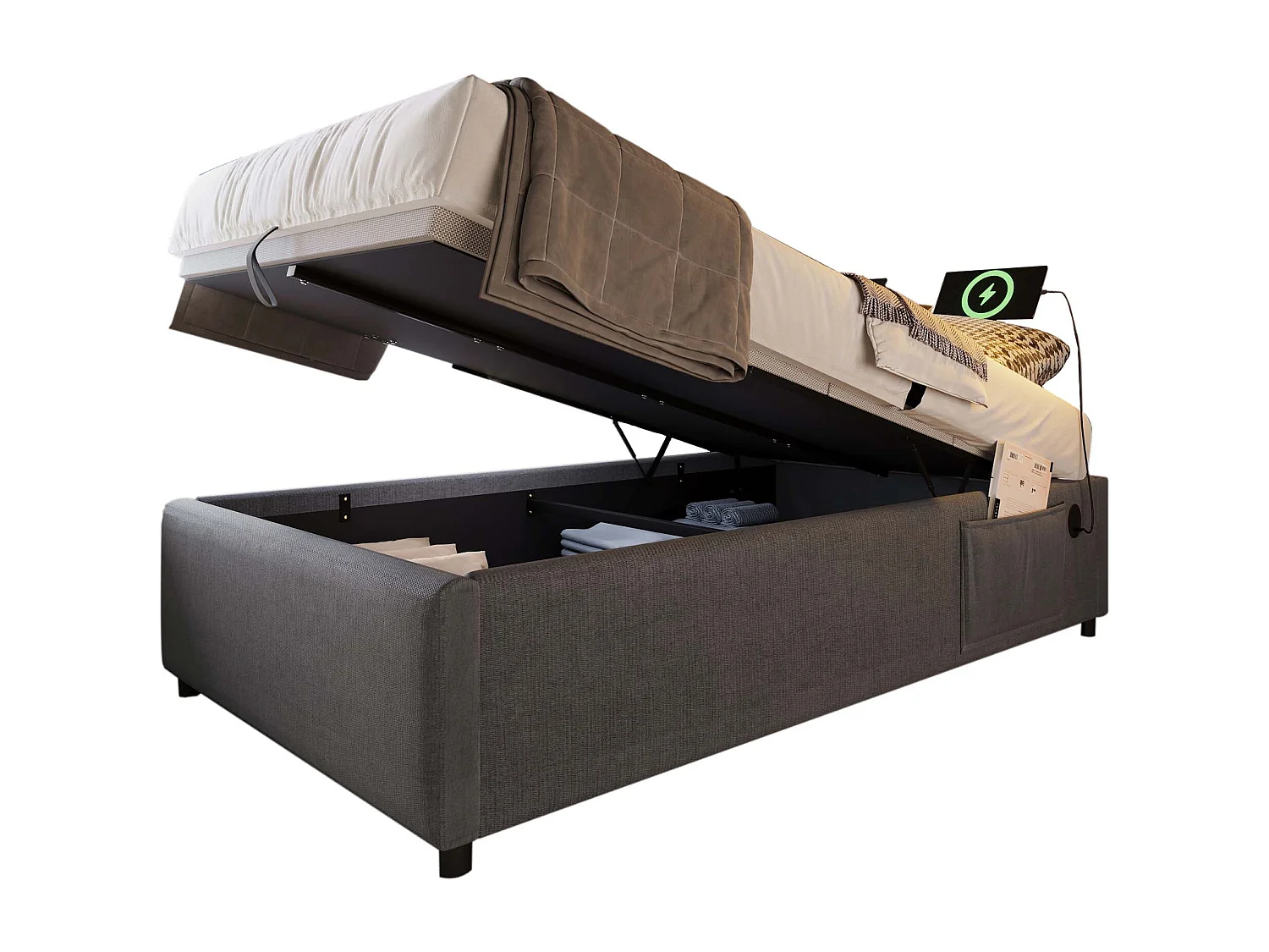 Cama individual 90x200 con almacenaje, USB-C y somier completo, algodón, gris (202x91x29 cm)