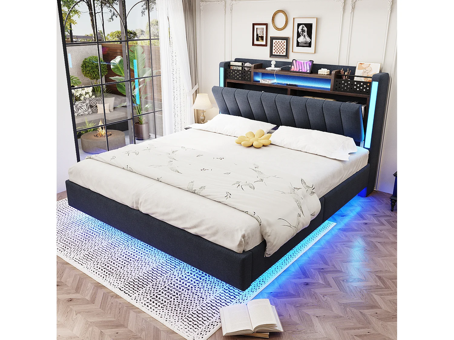 Lit 140x200 cm avec LED et USB, tête de lit avec rangement, lit flottant pour adolescent et adulte, en lin, gris (222x145.5x111 cm)