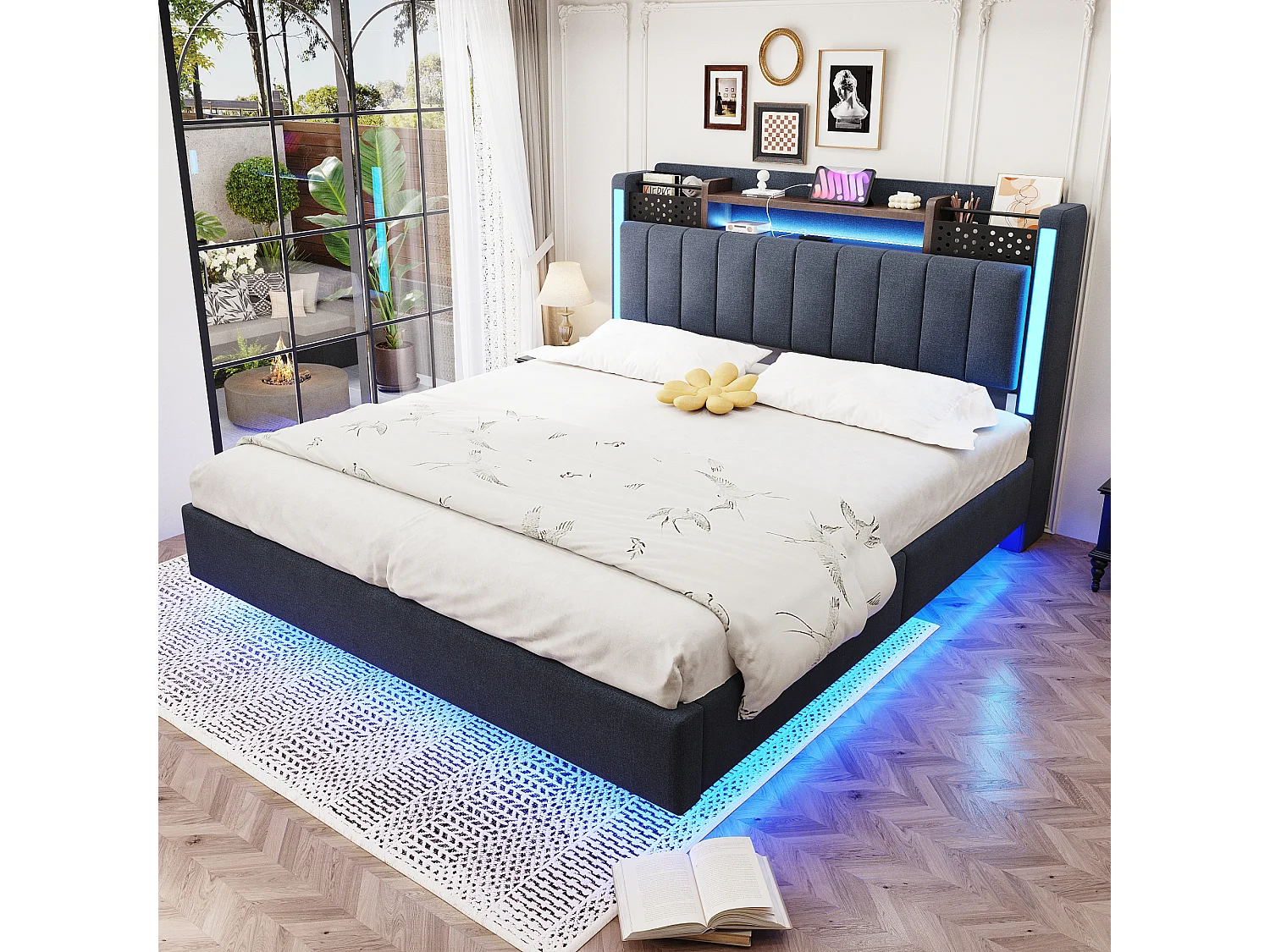 Lit 140x200 cm avec LED et USB, tête de lit avec rangement, lit flottant pour adolescent et adulte, en lin, gris (222x145.5x111 cm)