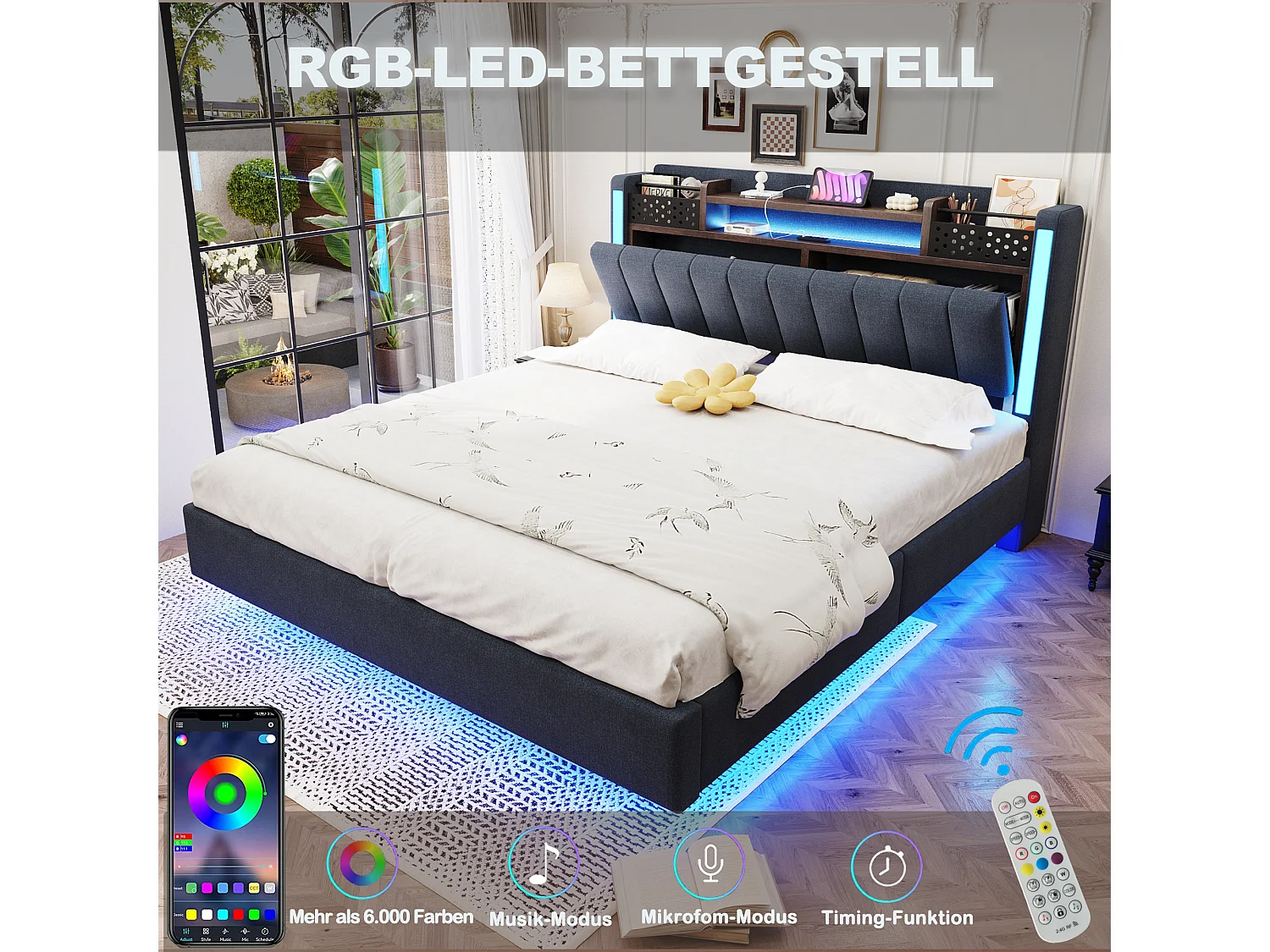 Lit 140x200 cm avec LED et USB, tête de lit avec rangement, lit flottant pour adolescent et adulte, en lin, gris (222x145.5x111 cm)