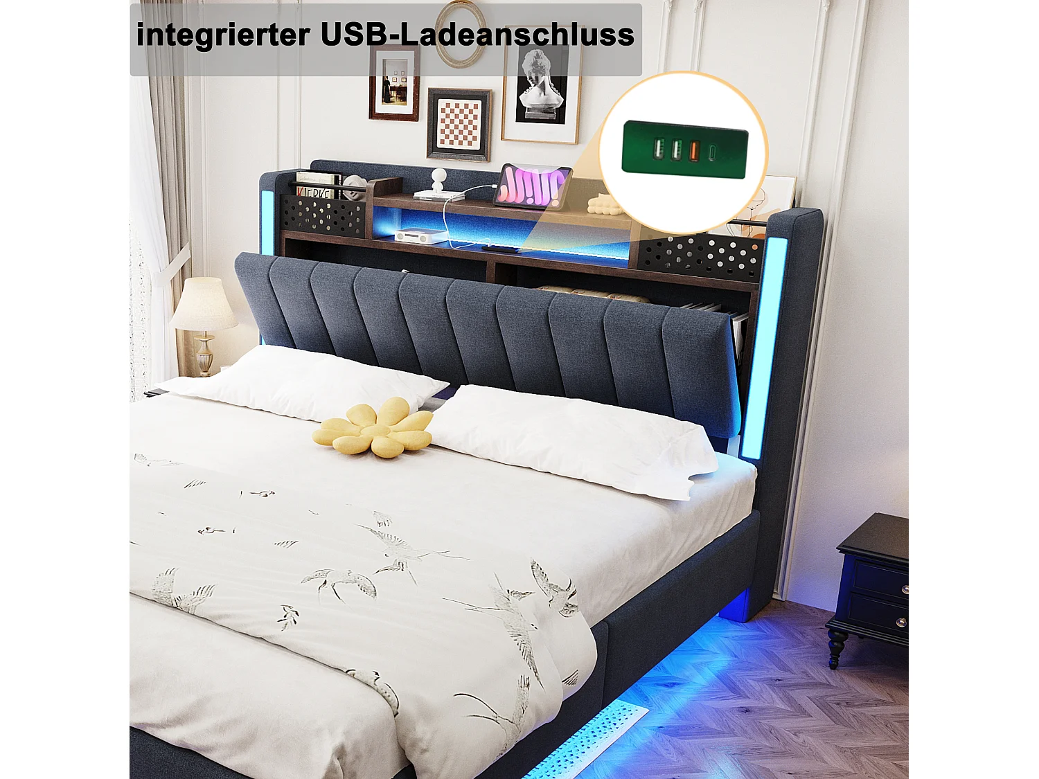 Lit 140x200 cm avec LED et USB, tête de lit avec rangement, lit flottant pour adolescent et adulte, en lin, gris (222x145.5x111 cm)