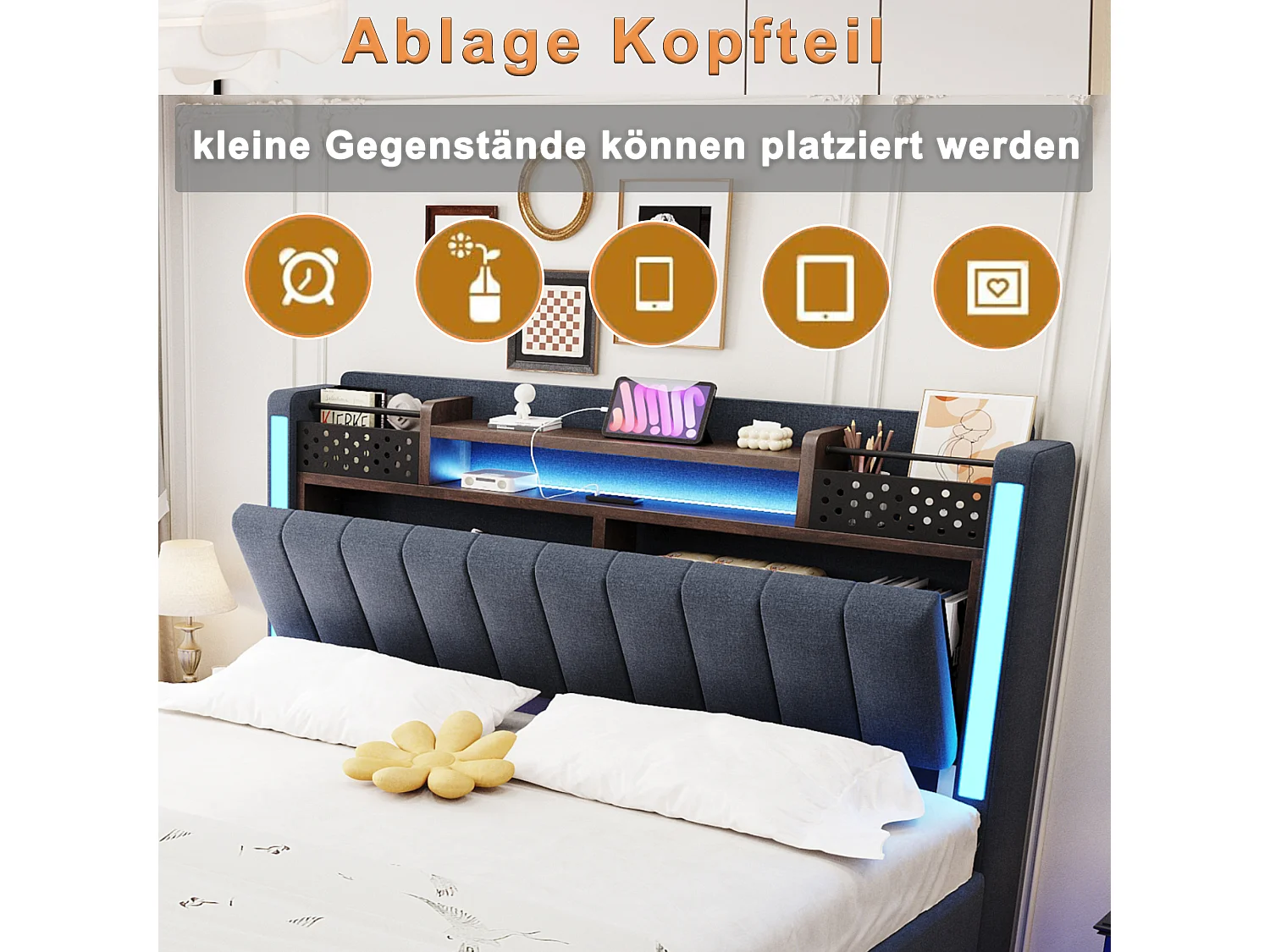 Lit 140x200 cm avec LED et USB, tête de lit avec rangement, lit flottant pour adolescent et adulte, en lin, gris (222x145.5x111 cm)