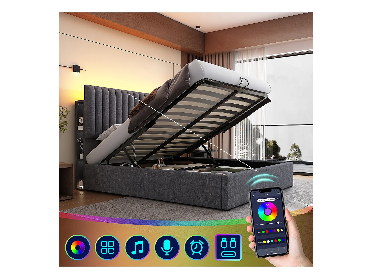 Tweepersoonsbed met USB Type-C, app-gestuurde LED, opbergruimte aan het hoofdeinde, linnen, grijs (161x213x106cm)