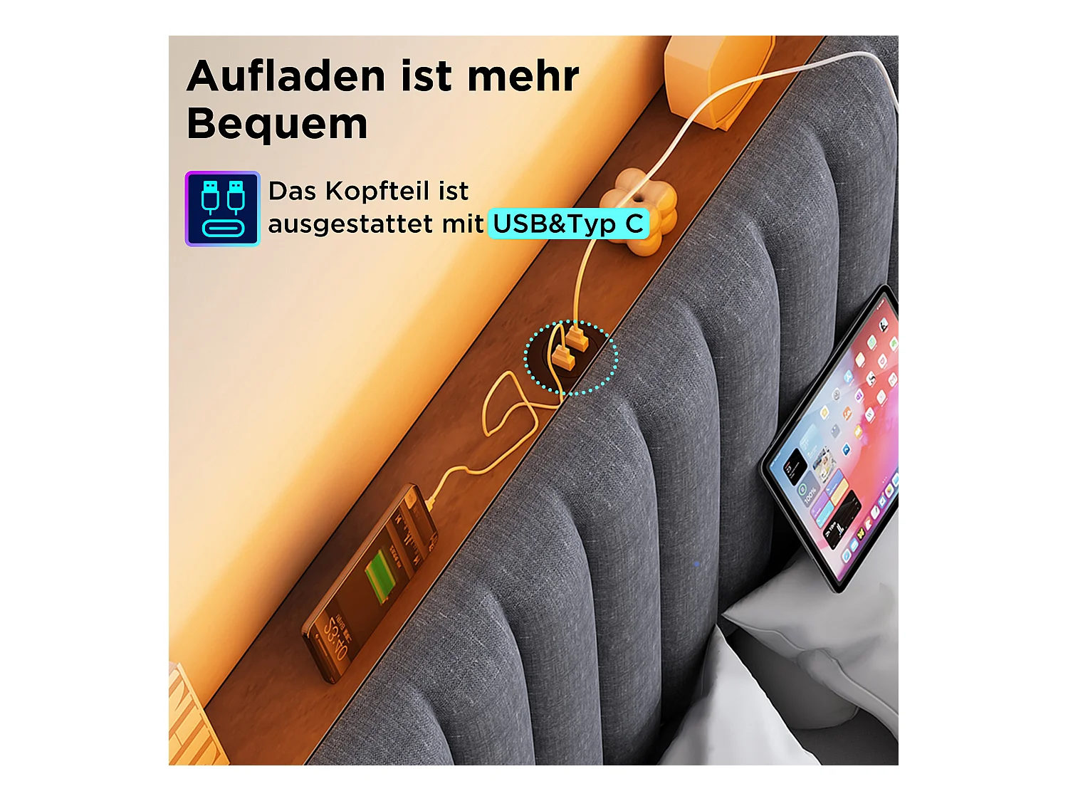 Tweepersoonsbed met USB Type-C, app-gestuurde LED, opbergruimte aan het hoofdeinde, linnen, grijs (161x213x106cm)