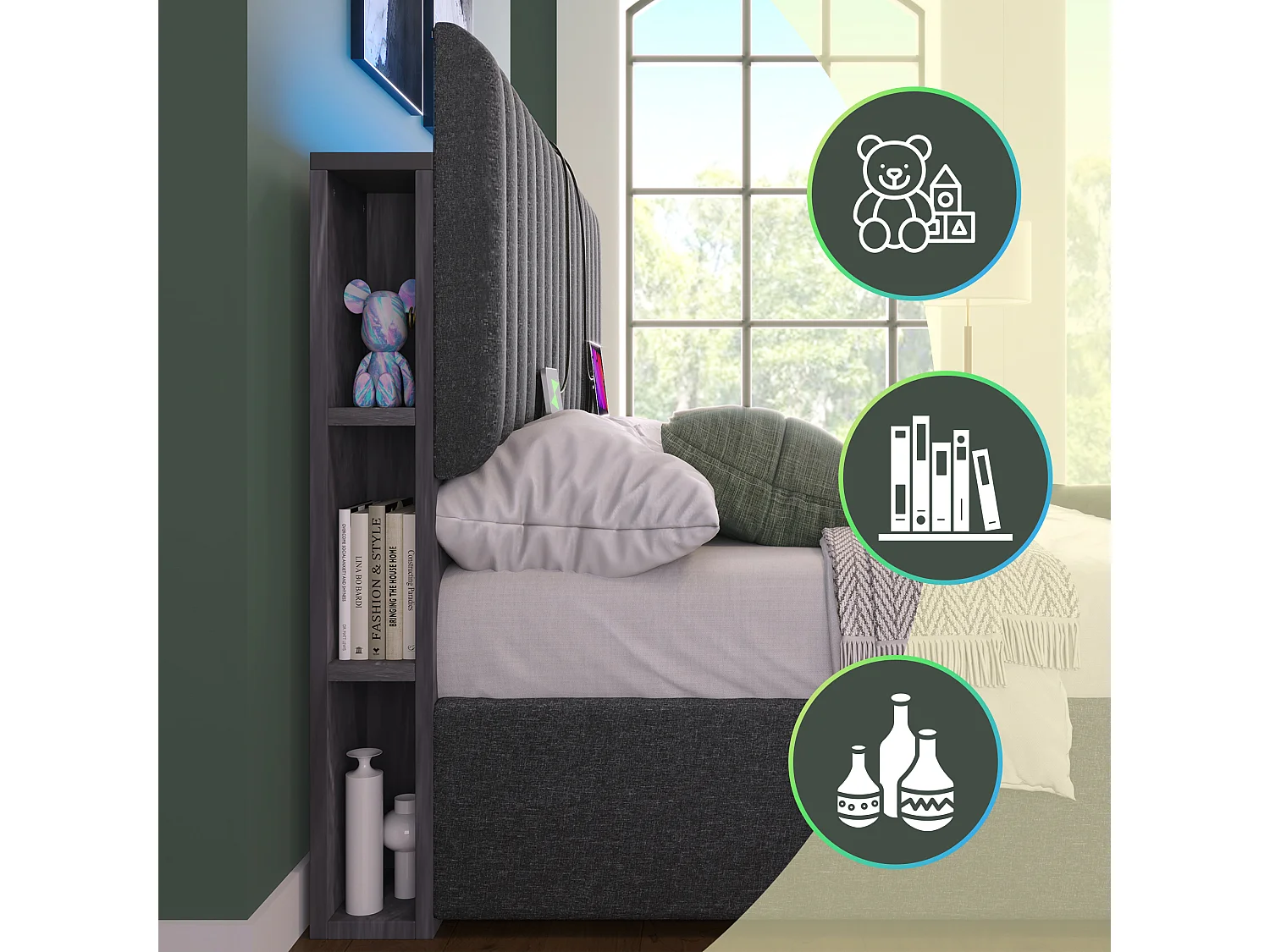 Tweepersoonsbed met USB Type-C, app-gestuurde LED, opbergruimte aan het hoofdeinde, linnen, grijs (161x213x106cm)