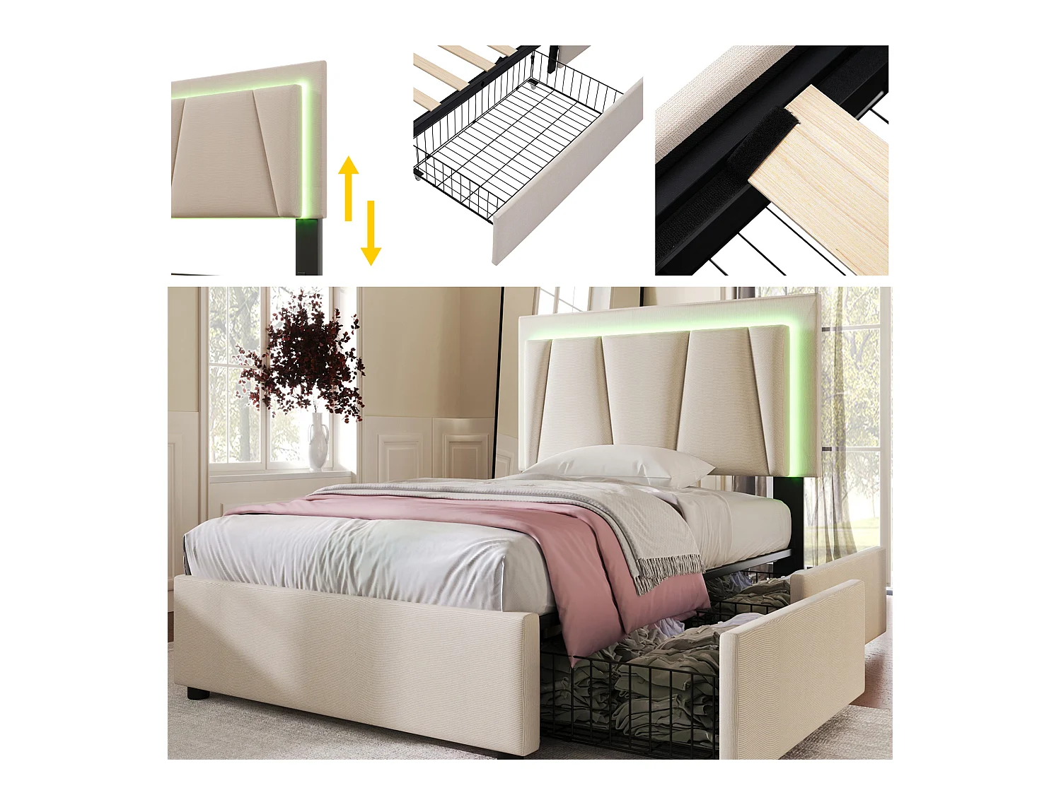 Lit tapissé LED avec 2 tiroirs, tête de lit réglable, bois, beige (99x207x102cm)