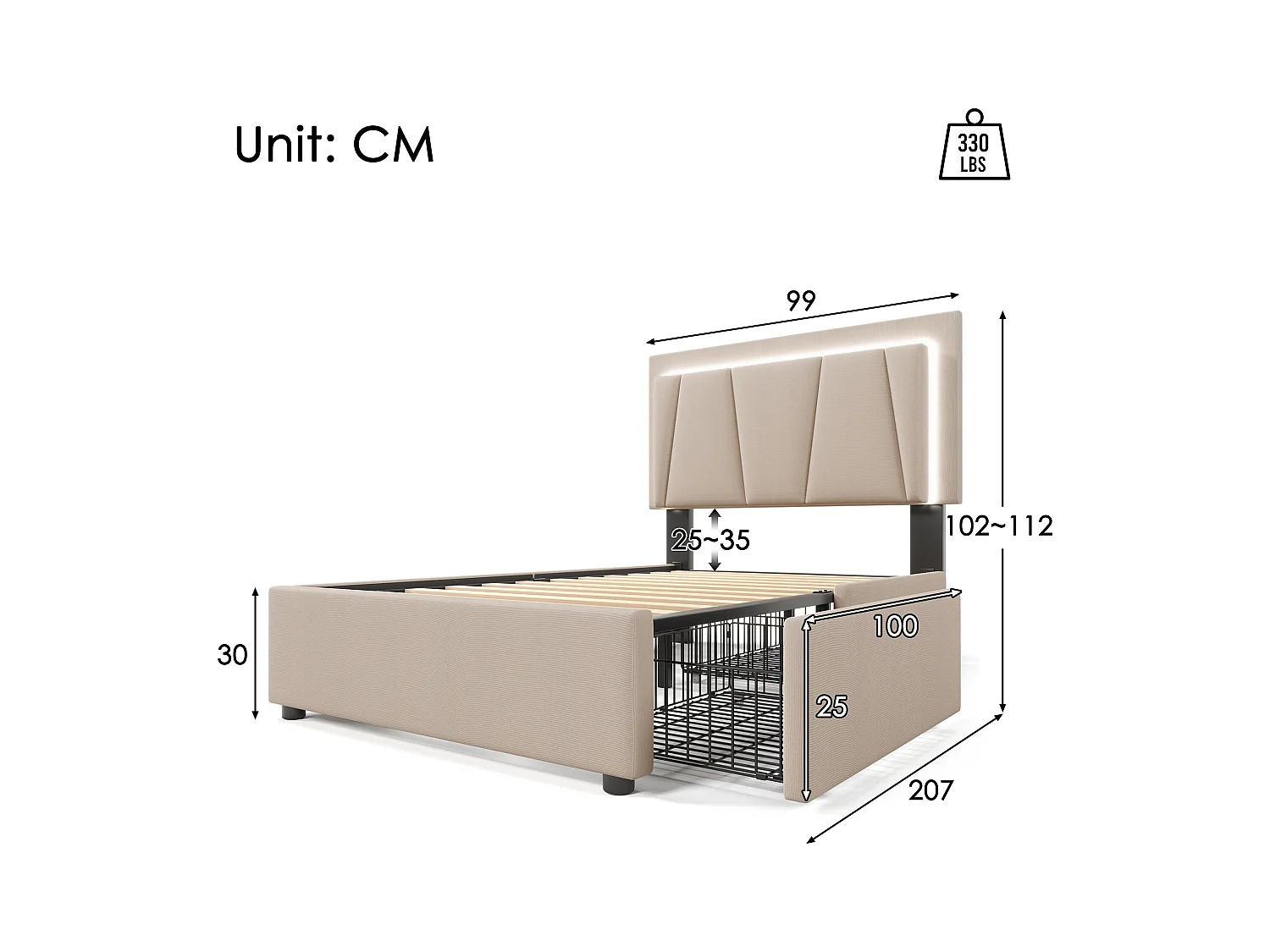LED gestoffeerd bed met 2 lades, verstelbaar hoofdeinde, hout, beige (99x207x102cm)