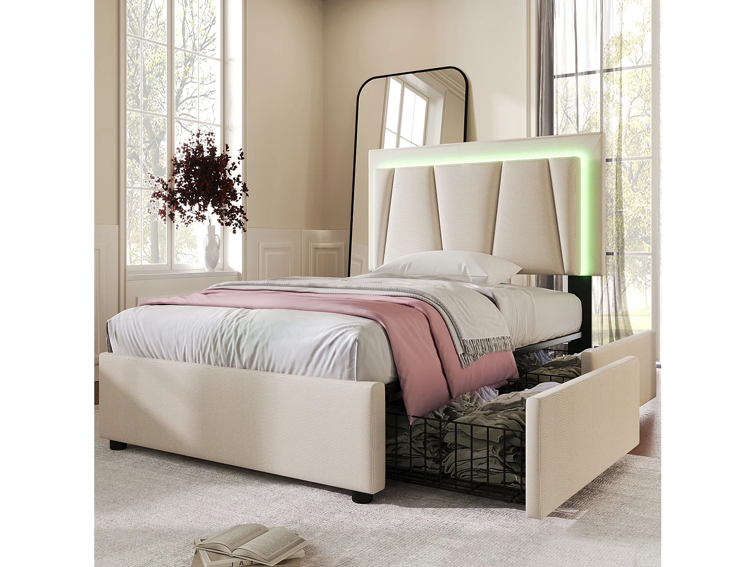 Lit tapissé LED avec 2 tiroirs, tête de lit réglable, bois, beige (99x207x102cm)