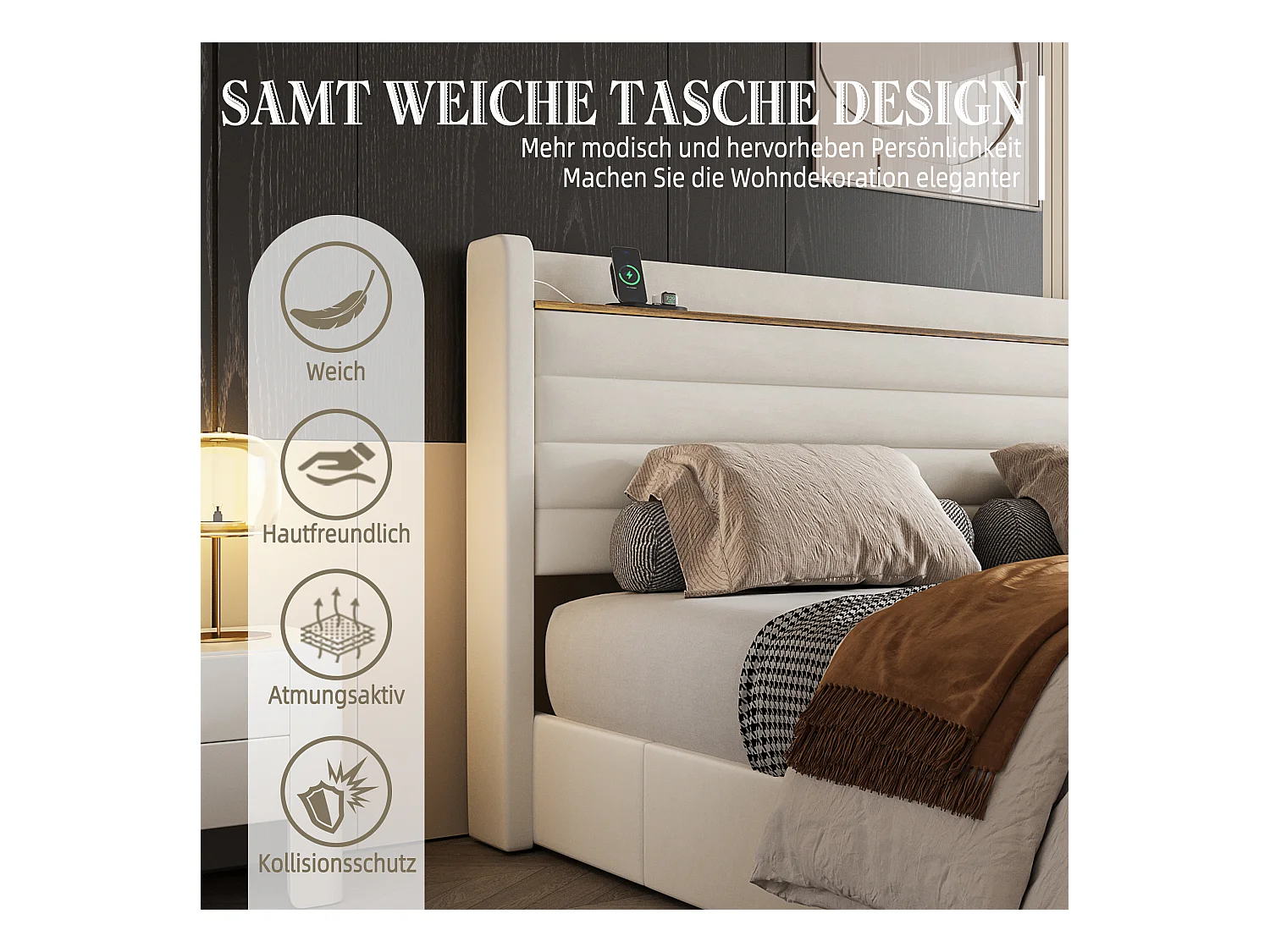 Lit 160 x 200 cm avec Tête de Lit Large, USB, Rangement et 4 tiroirs, Système Hydraulique, Beige (216 x 150 x 116 cm)