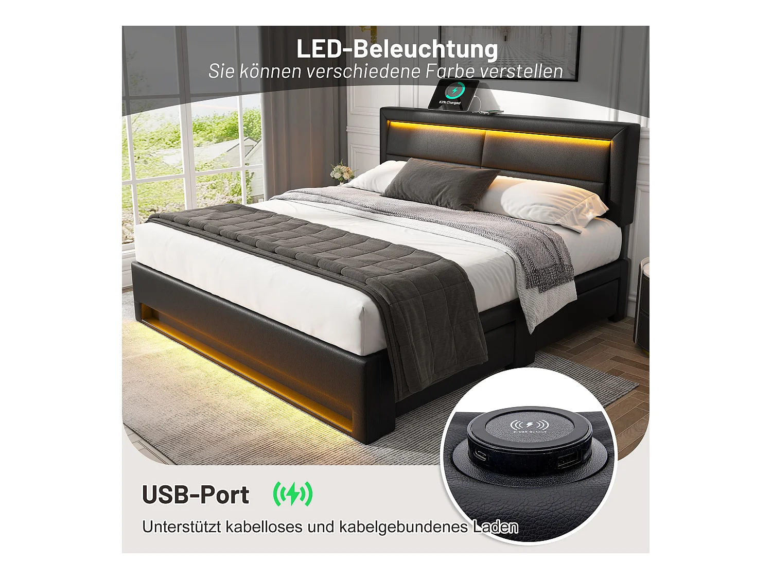 Letto imbottito 140 x 200 cm con USB, LED e 4 cassetti portaoggetti, PU litchi, nero (140 x 200 cm)