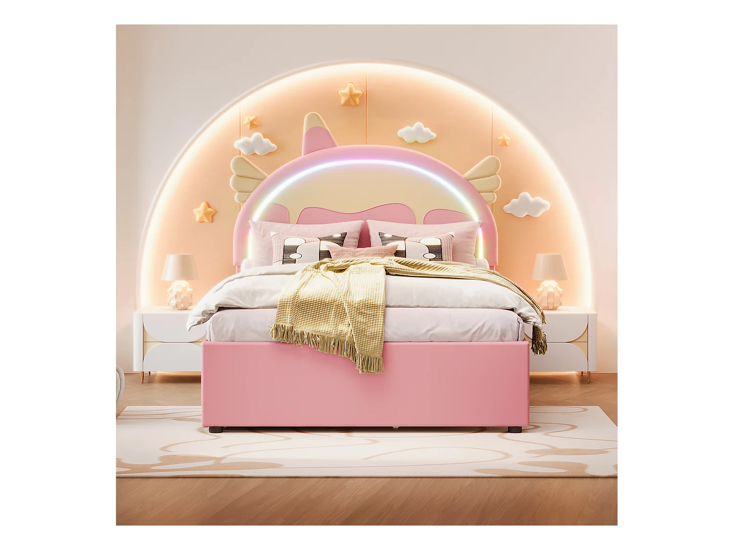 Lit enfant 140x200 cm, design licorne, avec lit gigogne, PU, éclairage LED télécommandé, rose (203x144x135.5 cm)