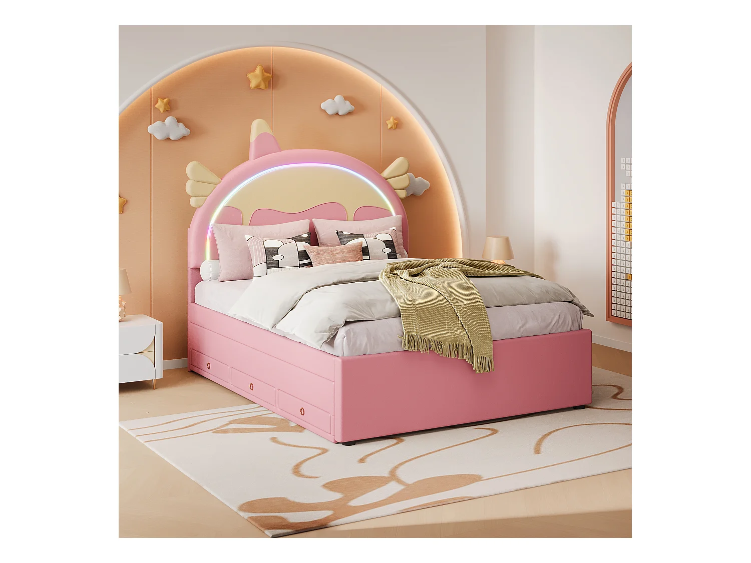 Lit enfant 140x200 cm, design licorne, avec lit gigogne, PU, éclairage LED télécommandé, rose (203x144x135.5 cm)