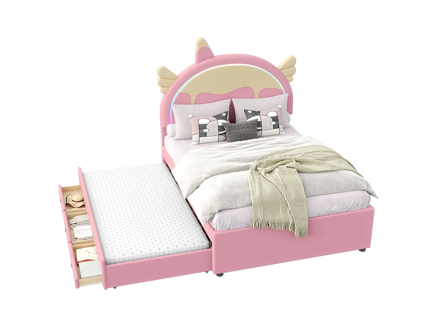 Lit enfant 140x200 cm, design licorne, avec lit gigogne, PU, éclairage LED télécommandé, rose (203x144x135.5 cm)