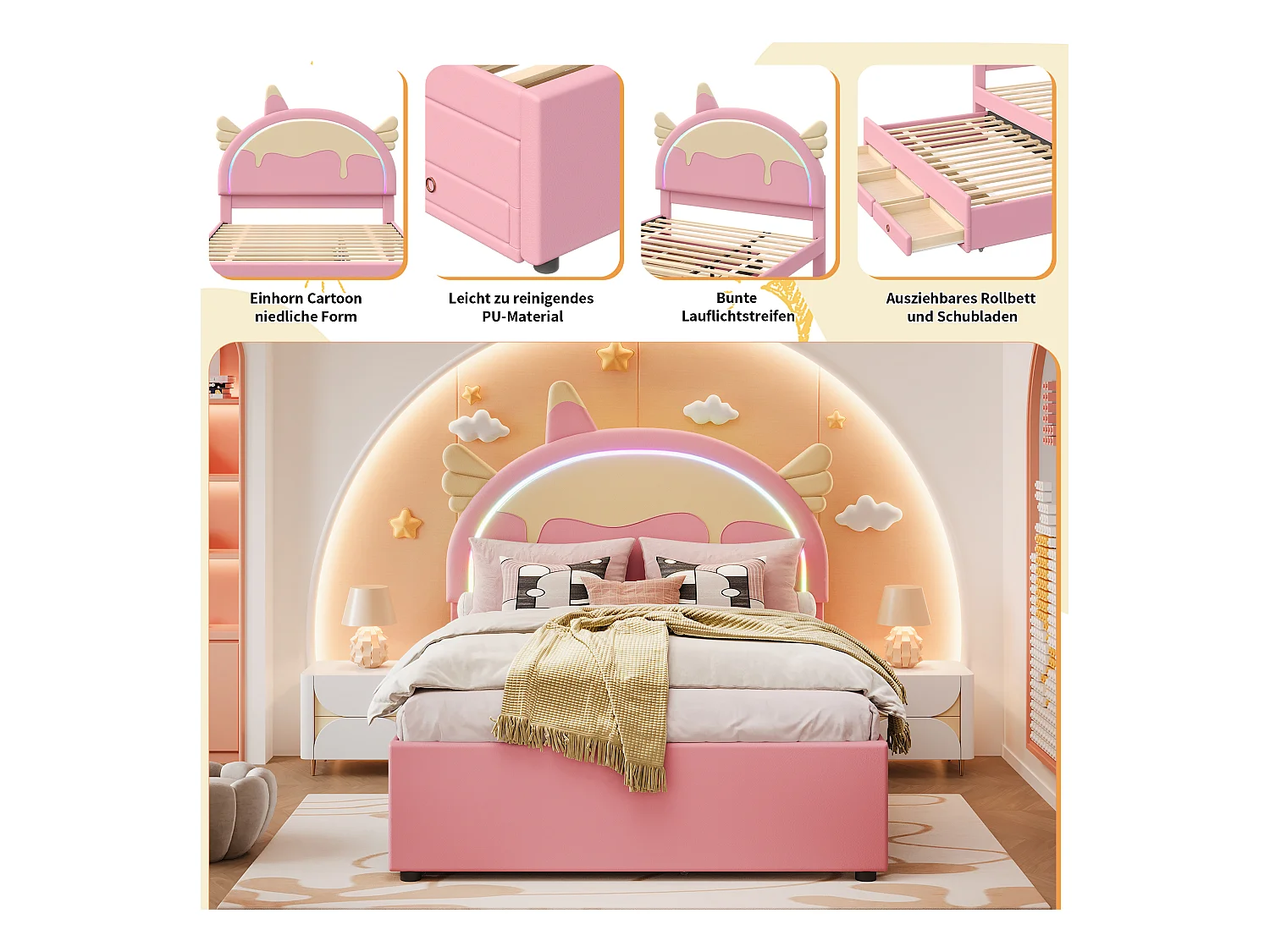 Lit enfant 140x200 cm, design licorne, avec lit gigogne, PU, éclairage LED télécommandé, rose (203x144x135.5 cm)