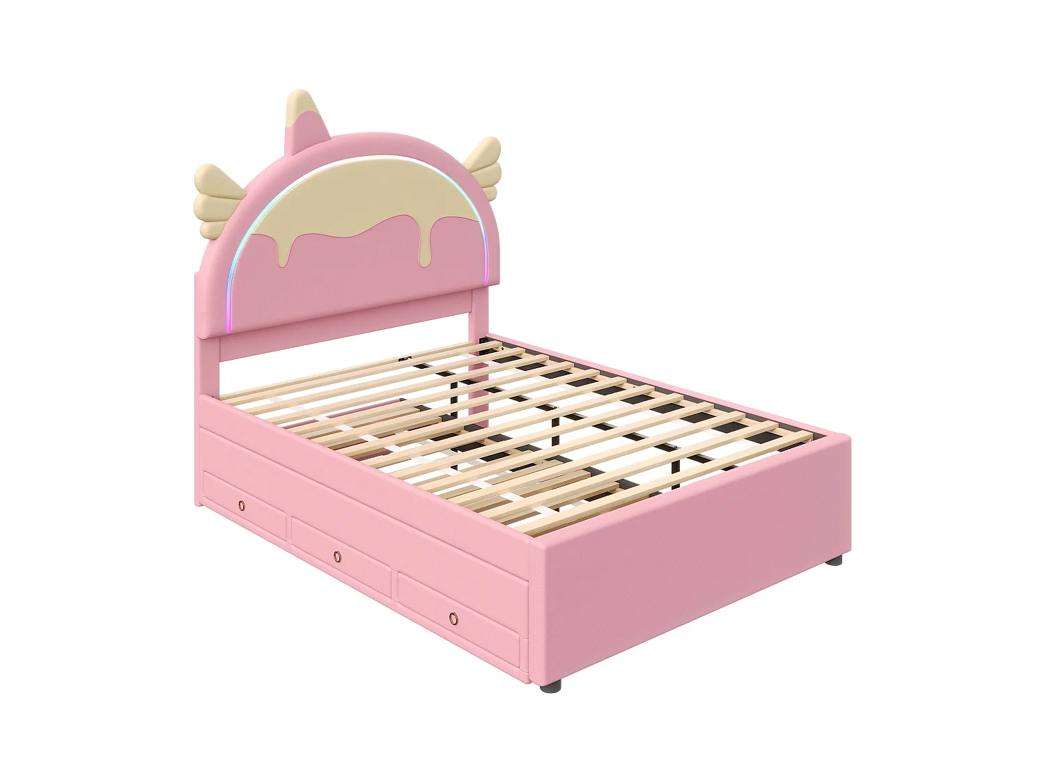Lit enfant 140x200 cm, design licorne, avec lit gigogne, PU, éclairage LED télécommandé, rose (203x144x135.5 cm)