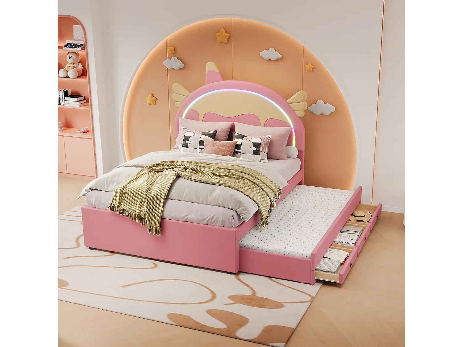 Kinderbed 140x200 cm, eenhoornmotief, met uitschuifbed, PU, afstandsbediening LED-verlichting, roze (203x144x135,5 cm)