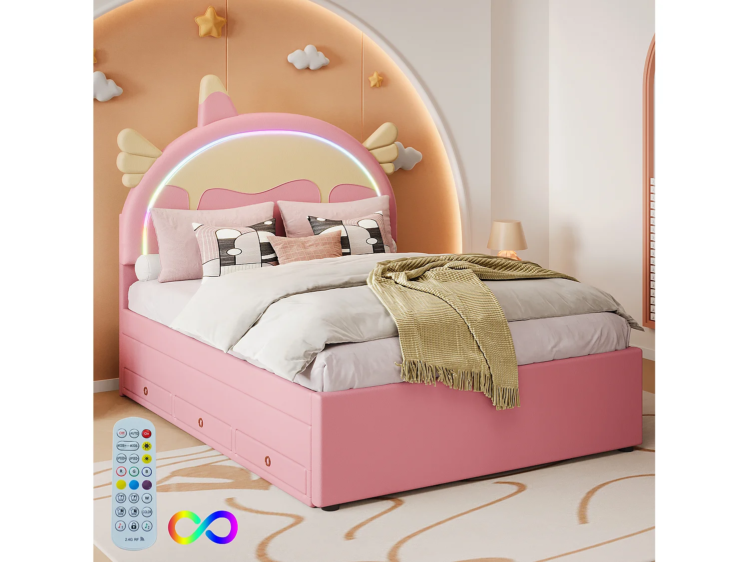 Kinderbed 140x200 cm, eenhoornmotief, met uitschuifbed, PU, afstandsbediening LED-verlichting, roze (203x144x135,5 cm)