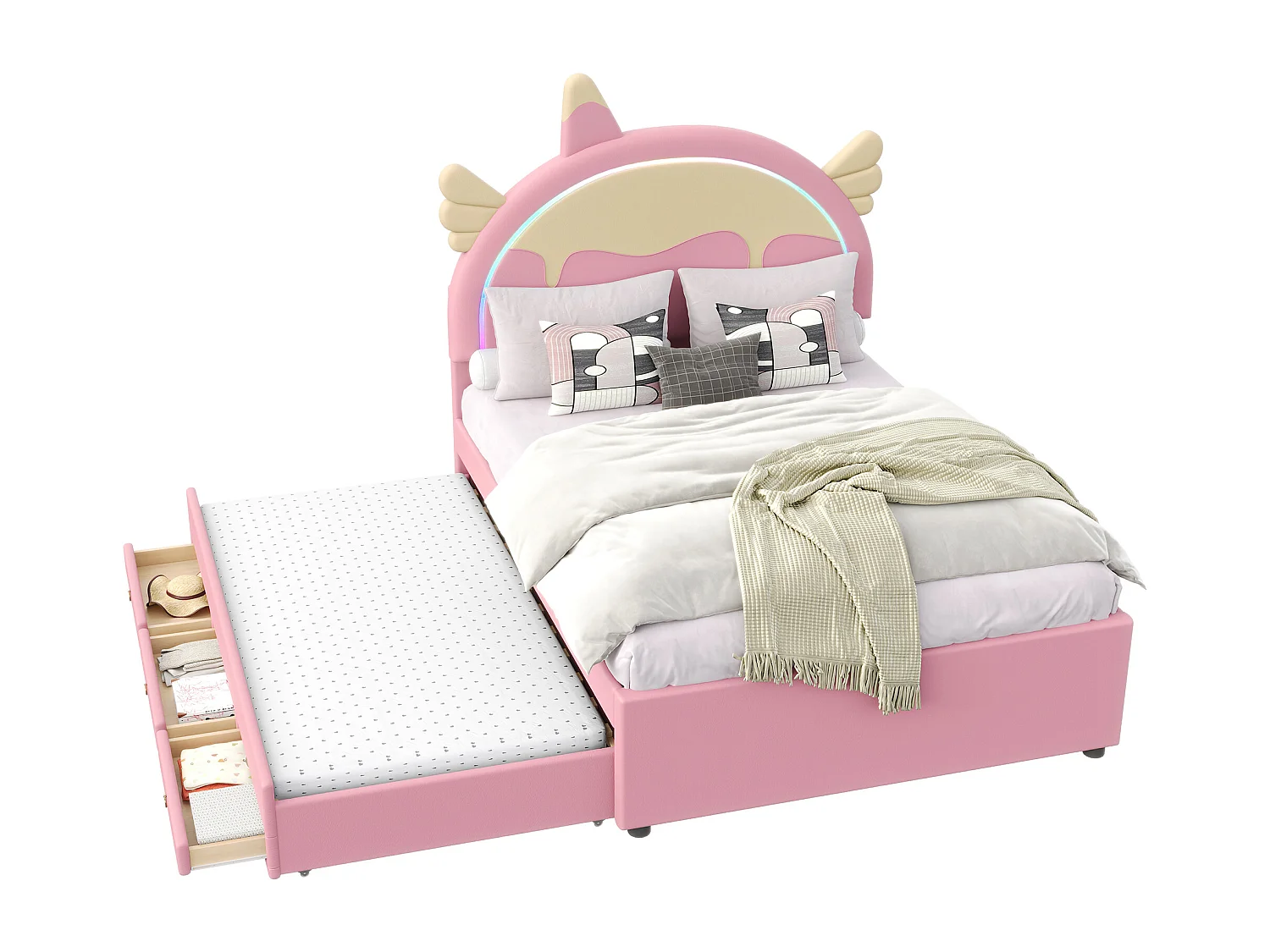 Kinderbed 140x200 cm, eenhoornmotief, met uitschuifbed, PU, afstandsbediening LED-verlichting, roze (203x144x135,5 cm)