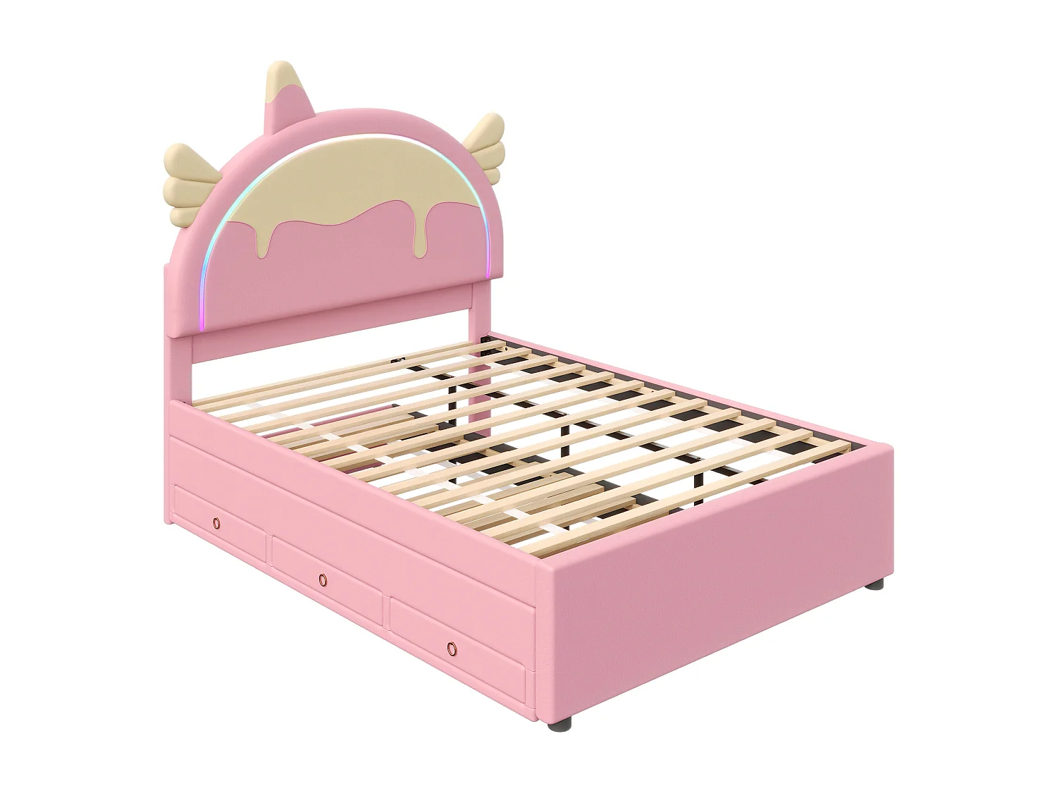 Kinderbed 140x200 cm, eenhoornmotief, met uitschuifbed, PU, afstandsbediening LED-verlichting, roze (203x144x135,5 cm)