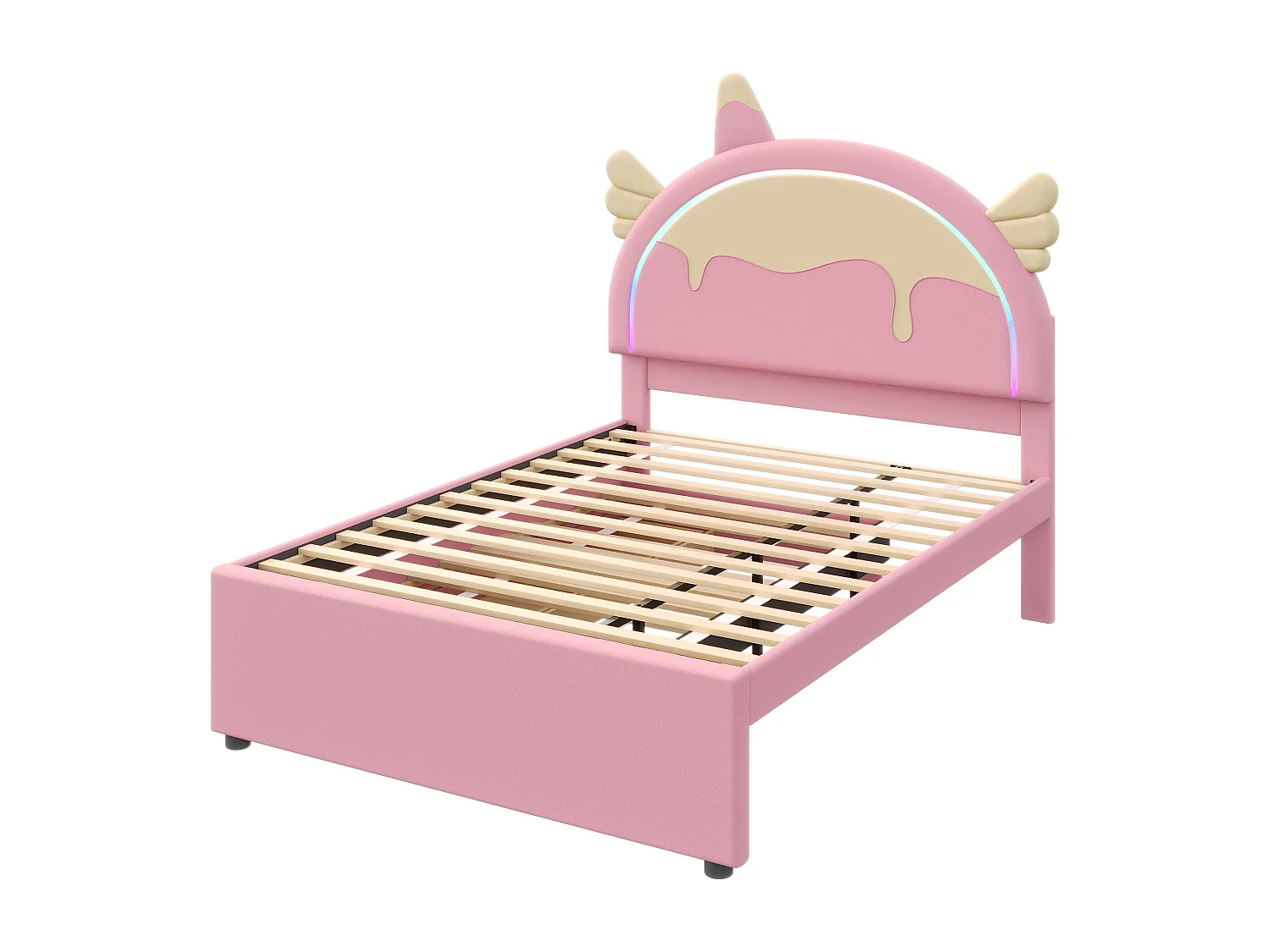 Kinderbed 140x200 cm, eenhoornmotief, met uitschuifbed, PU, afstandsbediening LED-verlichting, roze (203x144x135,5 cm)