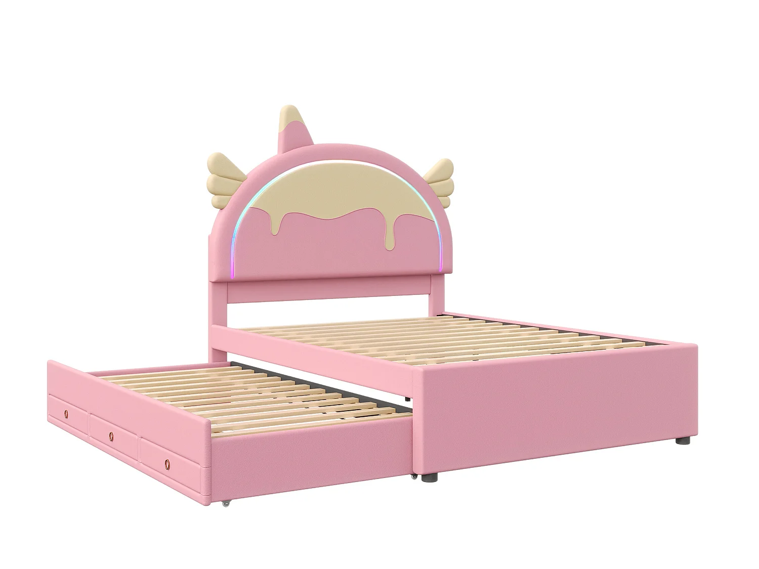 Kinderbed 140x200 cm, eenhoornmotief, met uitschuifbed, PU, afstandsbediening LED-verlichting, roze (203x144x135,5 cm)