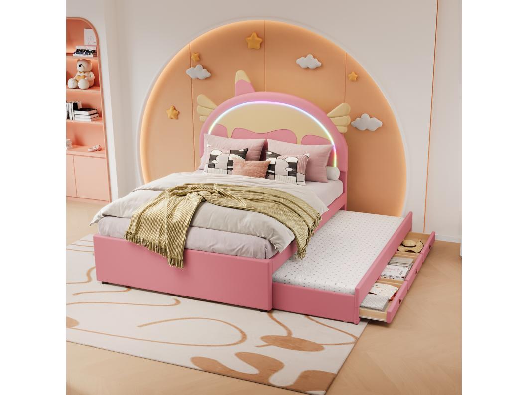 Lit enfant 140x200 cm, design licorne, avec lit gigogne, PU, éclairage LED télécommandé, rose (203x144x135.5 cm)