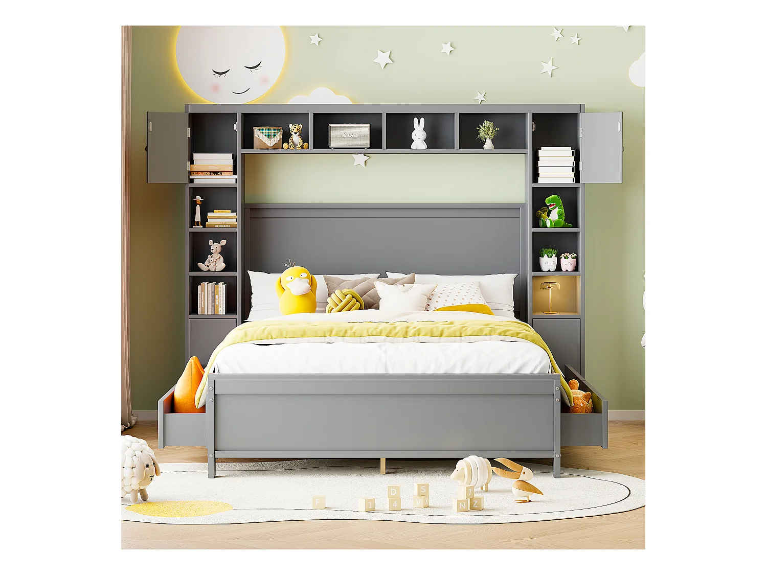 Estructura de cama con almacenaje, 4 cajones y cómoda grande, madera maciza, gris (209x196x153,5 cm)