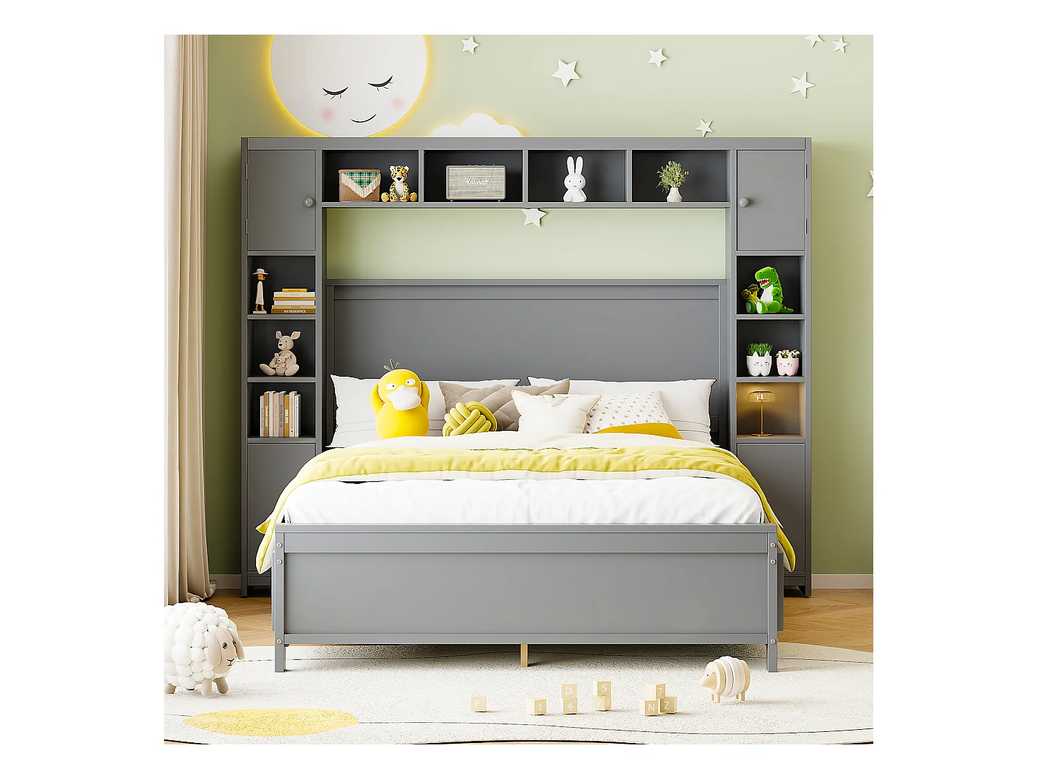 Estructura de cama con almacenaje, 4 cajones y cómoda grande, madera maciza, gris (209x196x153,5 cm)