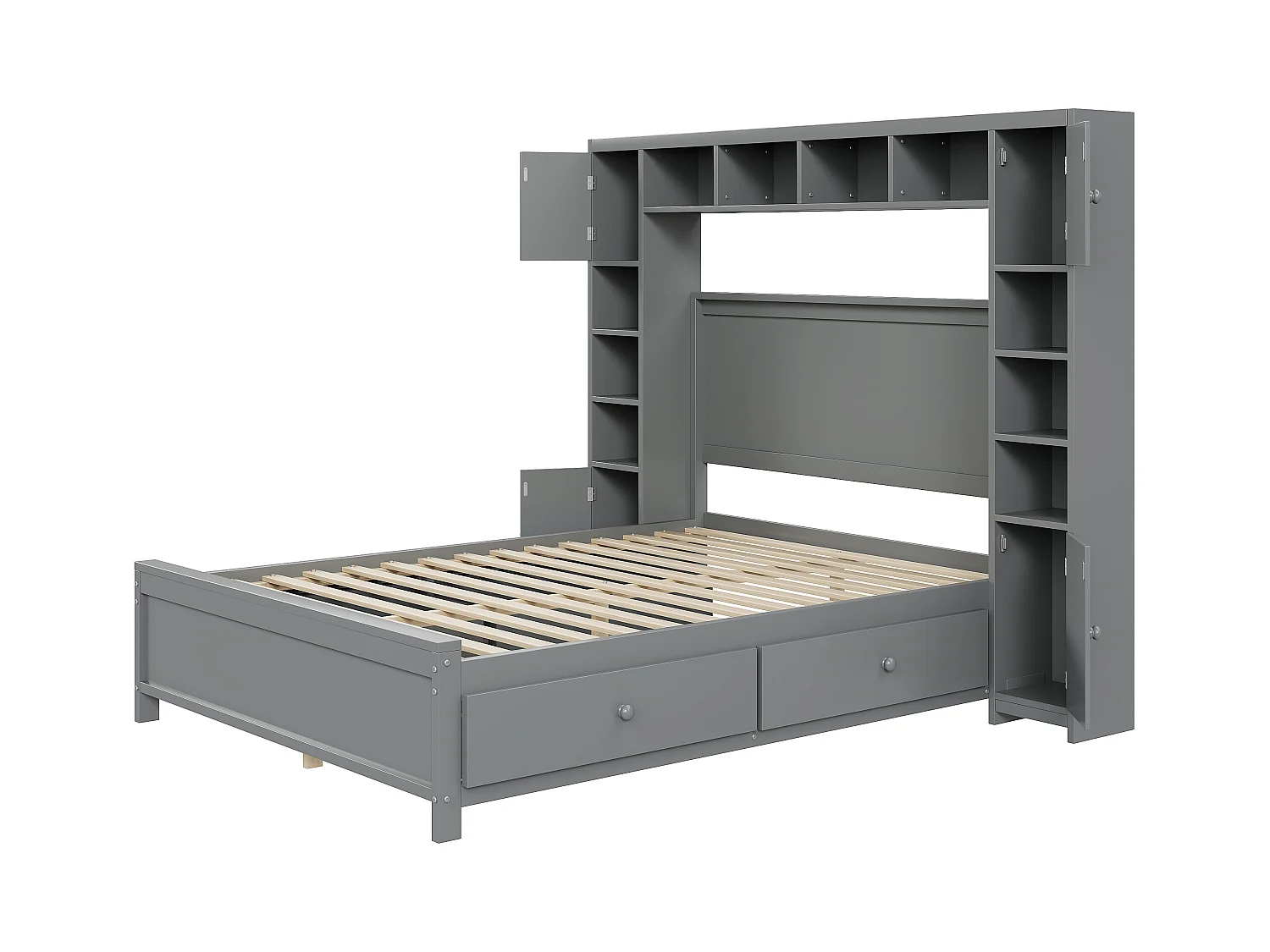 Estructura de cama con almacenaje, 4 cajones y cómoda grande, madera maciza, gris (209x196x153,5 cm)
