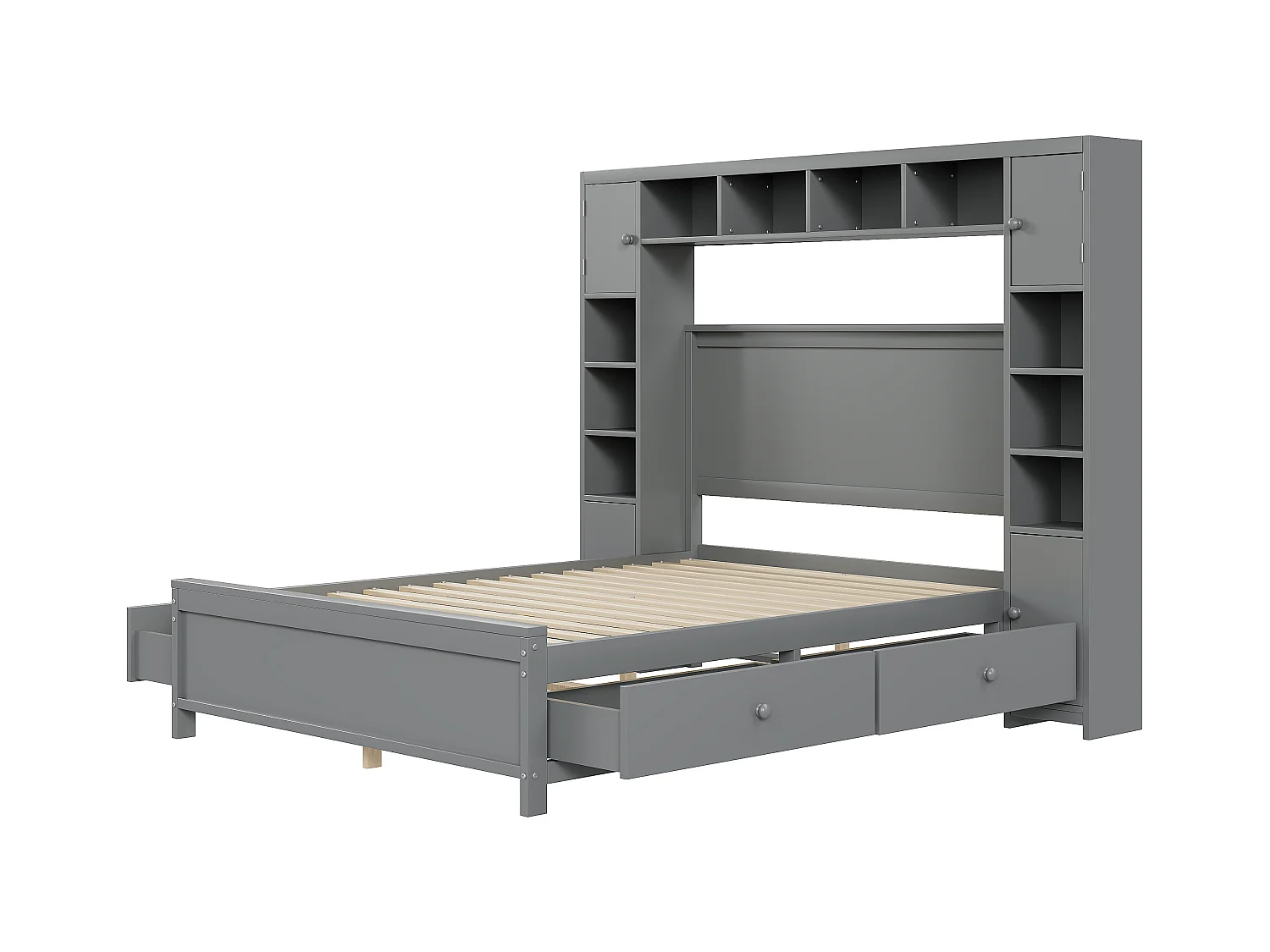 Estructura de cama con almacenaje, 4 cajones y cómoda grande, madera maciza, gris (209x196x153,5 cm)