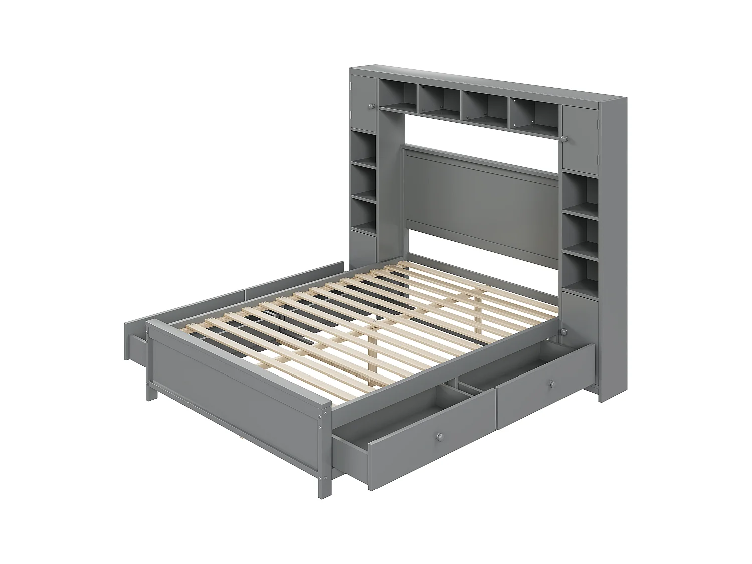 Estructura de cama con almacenaje, 4 cajones y cómoda grande, madera maciza, gris (209x196x153,5 cm)