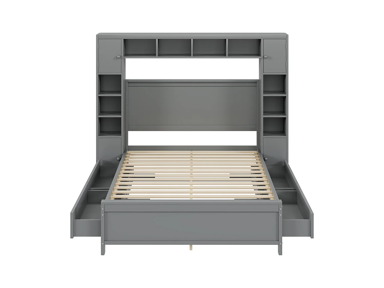Estructura de cama con almacenaje, 4 cajones y cómoda grande, madera maciza, gris (209x196x153,5 cm)