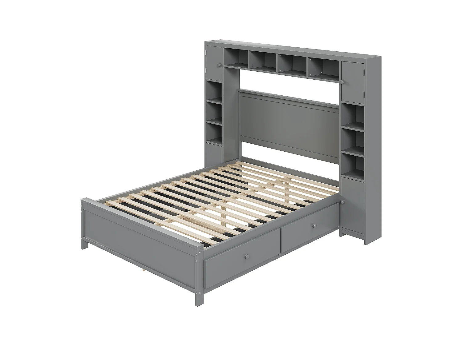 Estructura de cama con almacenaje, 4 cajones y cómoda grande, madera maciza, gris (209x196x153,5 cm)