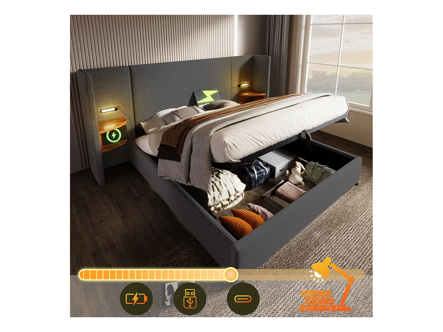 Tweepersoonsbed met hydraulische opbergruimte, multifunctioneel hoofdeinde, grijs linnen frame, massief hout en metaal, met touchlamp en USB-poorten (252x213x104cm)