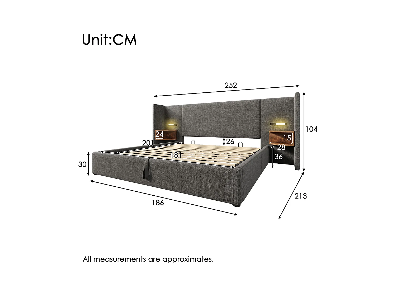 Tweepersoonsbed met hydraulische opbergruimte, multifunctioneel hoofdeinde, grijs linnen frame, massief hout en metaal, met touchlamp en USB-poorten (252x213x104cm)