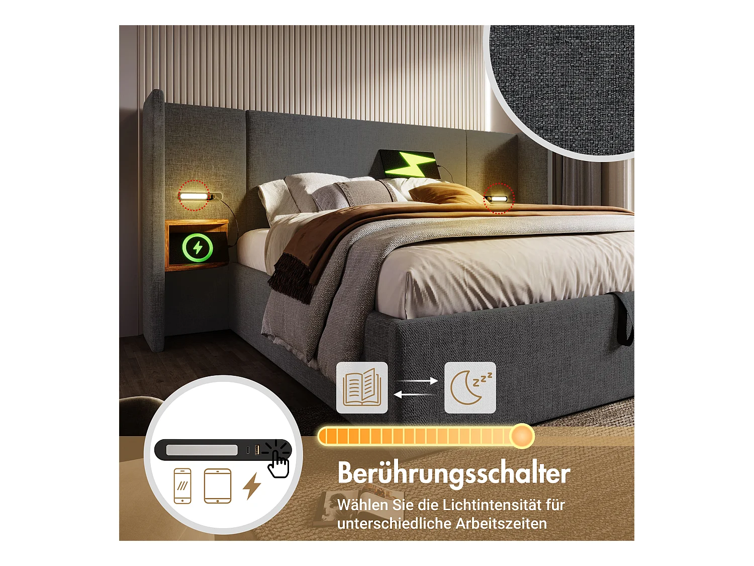 Tweepersoonsbed met hydraulische opbergruimte, multifunctioneel hoofdeinde, grijs linnen frame, massief hout en metaal, met touchlamp en USB-poorten (252x213x104cm)