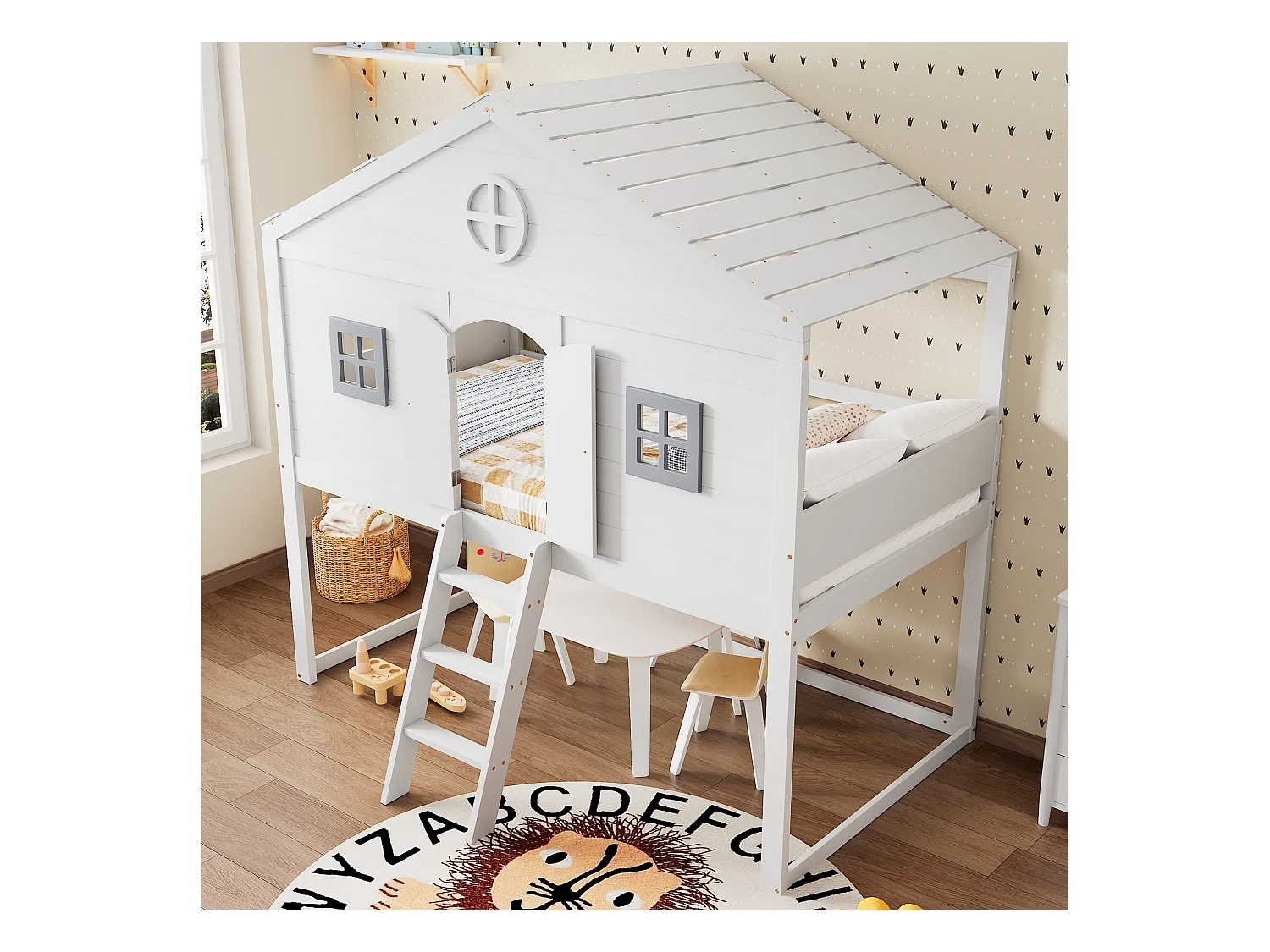 Lit cabane avec échelle, barrières de sécurité, fenêtres grises, sous-lits libres, cadre en pin, blanc + gris, 90x200cm