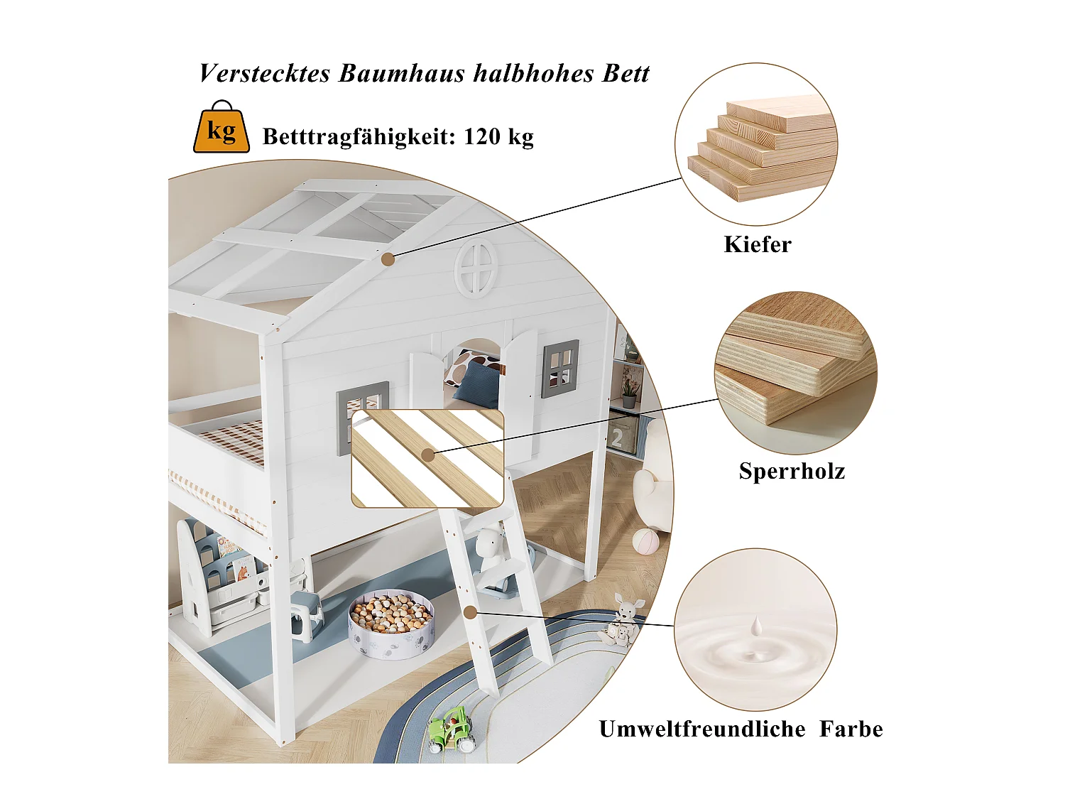 Lit cabane avec échelle, barrières de sécurité, fenêtres grises, sous-lits libres, cadre en pin, blanc + gris, 90x200cm