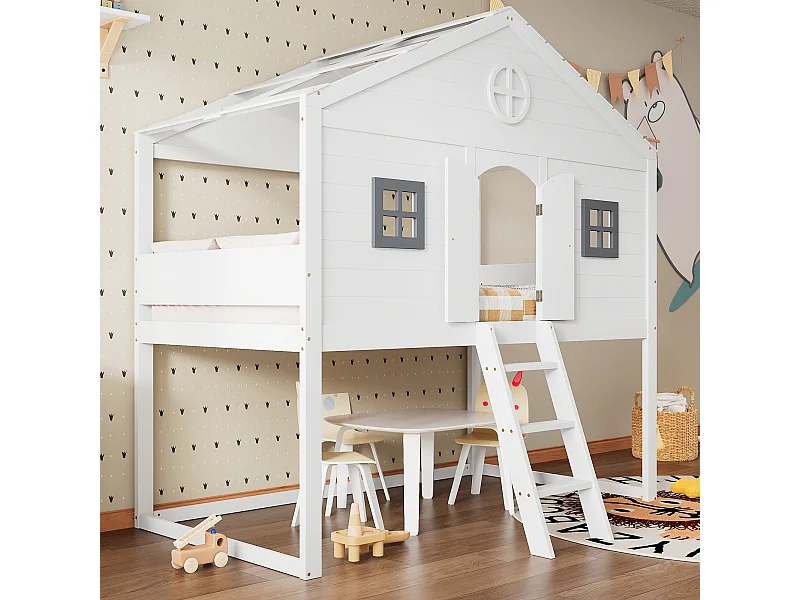 Cama cabina con escalera, barandillas de seguridad, ventanas grises, camas inferiores independientes, estructura de pino, blanco + gris, 90x200cm