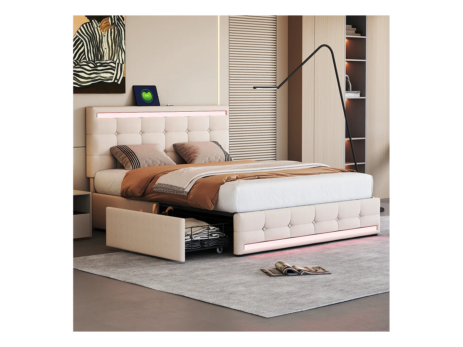 Lit 140x200cm, lit rembourré avec LED, 4 tiroirs, 2 ports USB, lin beige (208x146x116cm)