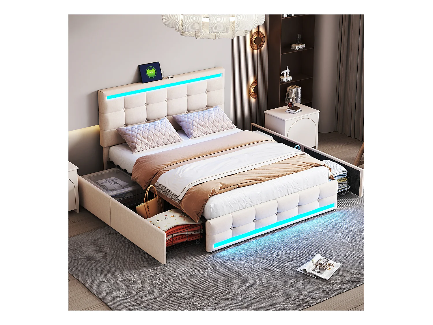 Lit 140x200cm, lit rembourré avec LED, 4 tiroirs, 2 ports USB, lin beige (208x146x116cm)