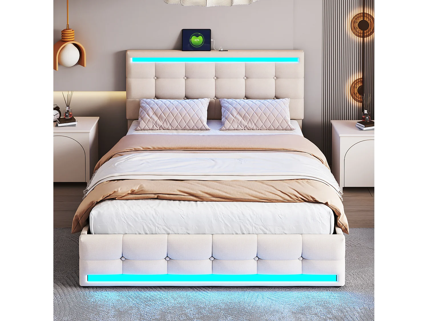 Lit 140x200cm, lit rembourré avec LED, 4 tiroirs, 2 ports USB, lin beige (208x146x116cm)