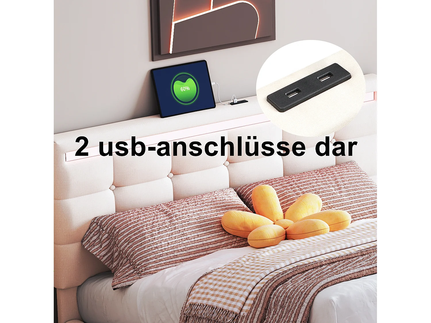 Lit 140x200cm, lit rembourré avec LED, 4 tiroirs, 2 ports USB, lin beige (208x146x116cm)