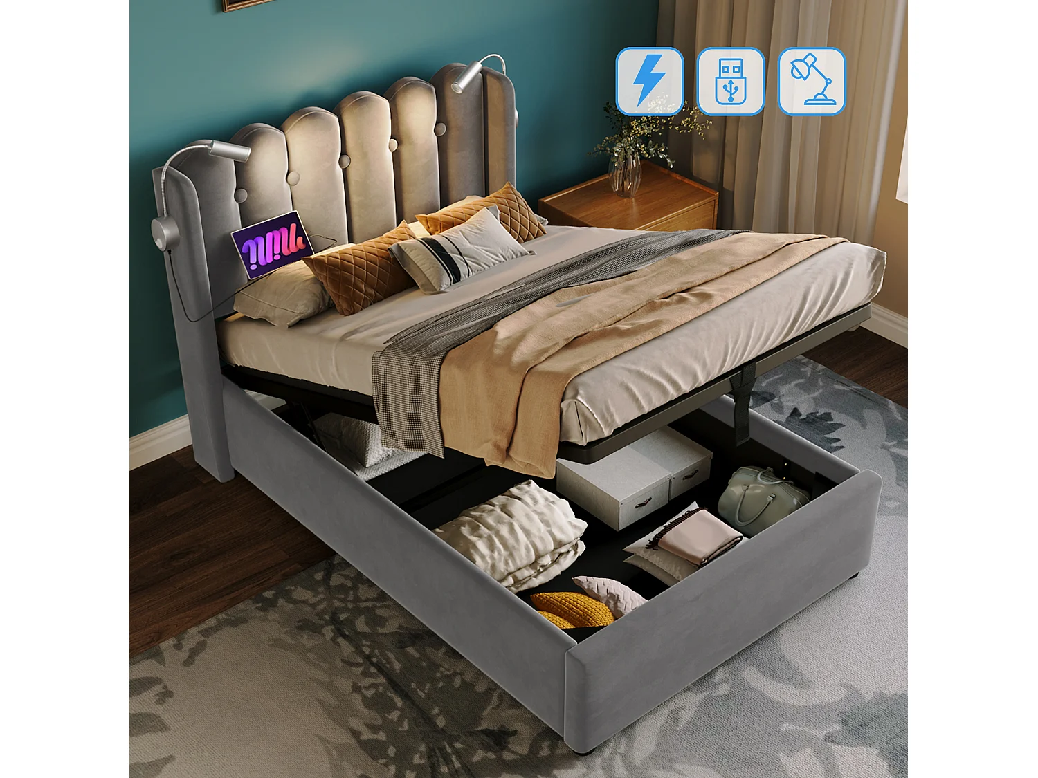 Lit avec fonction de charge USB Type C, éclairage LED et 2 tiroirs, 90x200 cm, tête de lit réglable, Sherpa gris (dimensions : 208x100x102.5 cm)